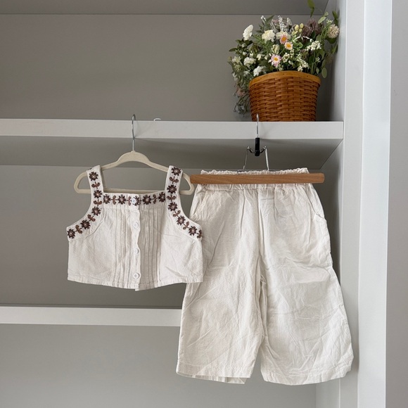 Other - Cream Embroidered Two-Piece Crop Top + Shorts Set